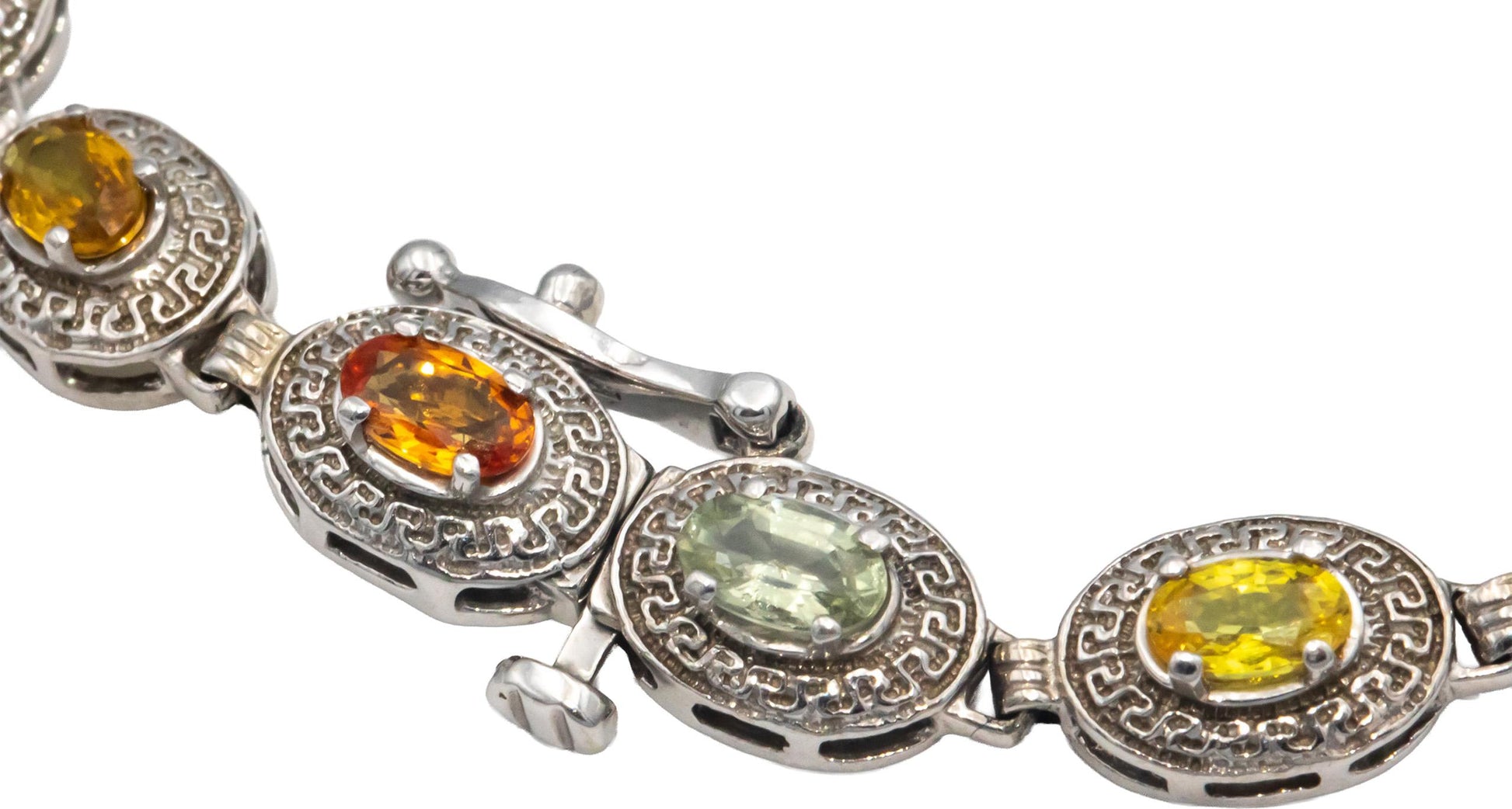 14k White Gold Oval Cut Rainbow Sapphire Fancy Link Bracelet 4.0CT