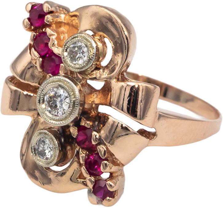 Vintage Retro 14k Rose Gold 0.55CT Diamond & Ruby Ring Size 9.75