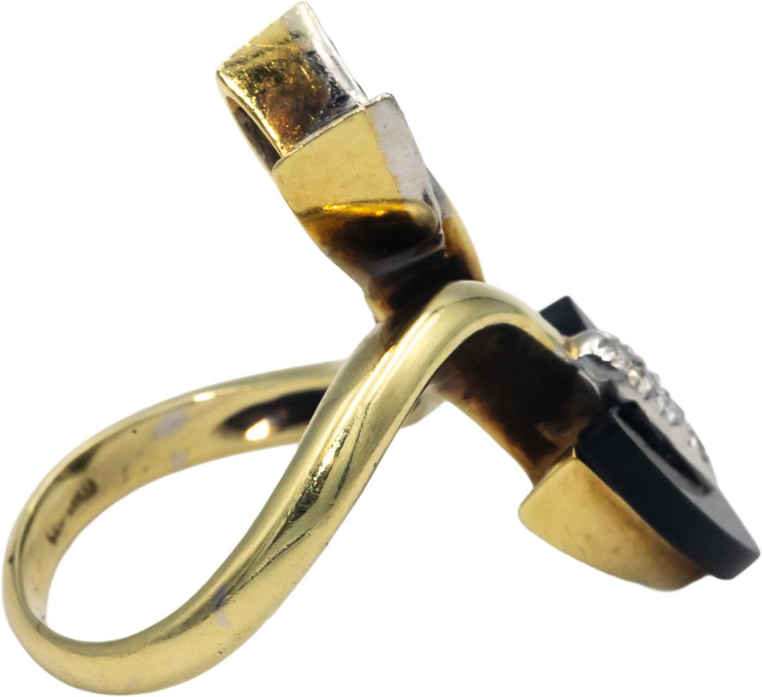 14k Yellow Gold Round Diamond and Onyx Arrow Bypass Ring 0.27CT Size 7