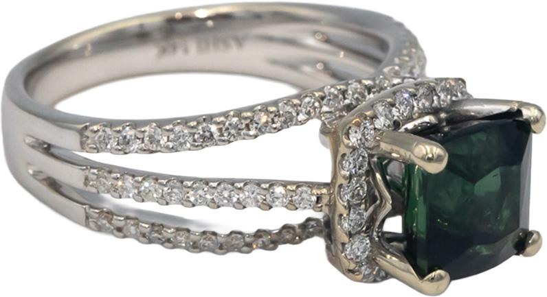 ASHI 14k White Gold 2.82CT VS Diamond and Green Tourmaline Ring Size 6.75
