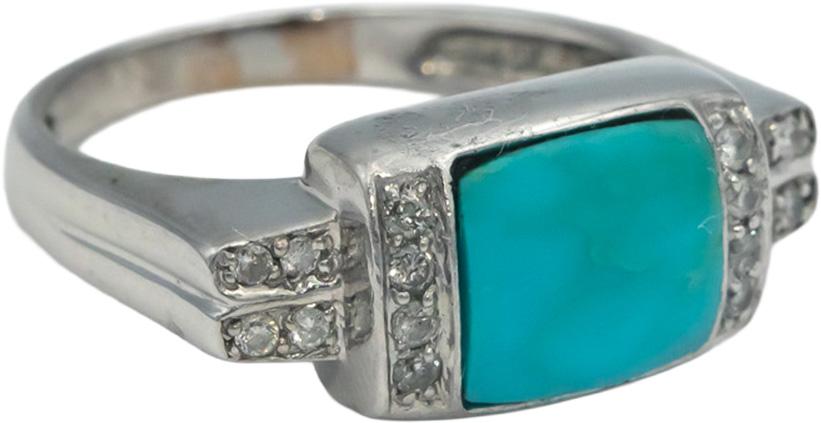14k White Gold 0.10CT Round Cut Diamond and Cabochon Turquoise Ring Size 7.25