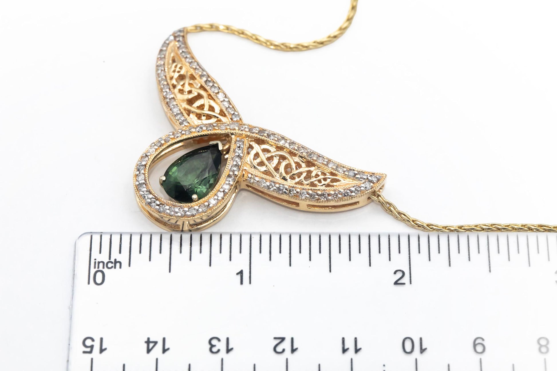 14k Yellow Gold Diamond and Tourmaline Fixed Pendant Formal Necklace 4.15CT