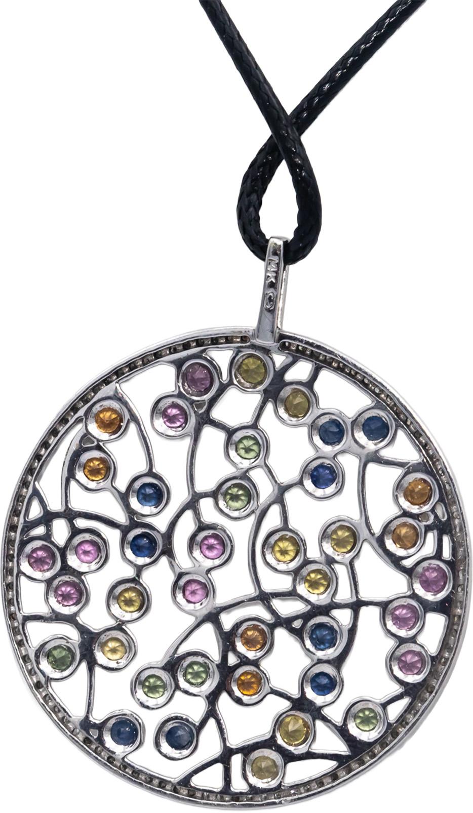14k White Gold 3.50CT Round Cut Diamond & Rainbow Sapphire Floral Pendant