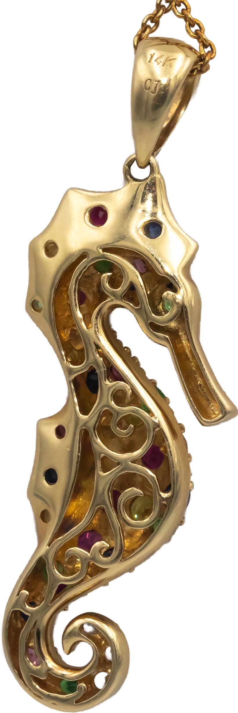 14k Yellow Gold 1.50CT Rainbow Multi-Color Sapphire Seahorse Pendant Necklace