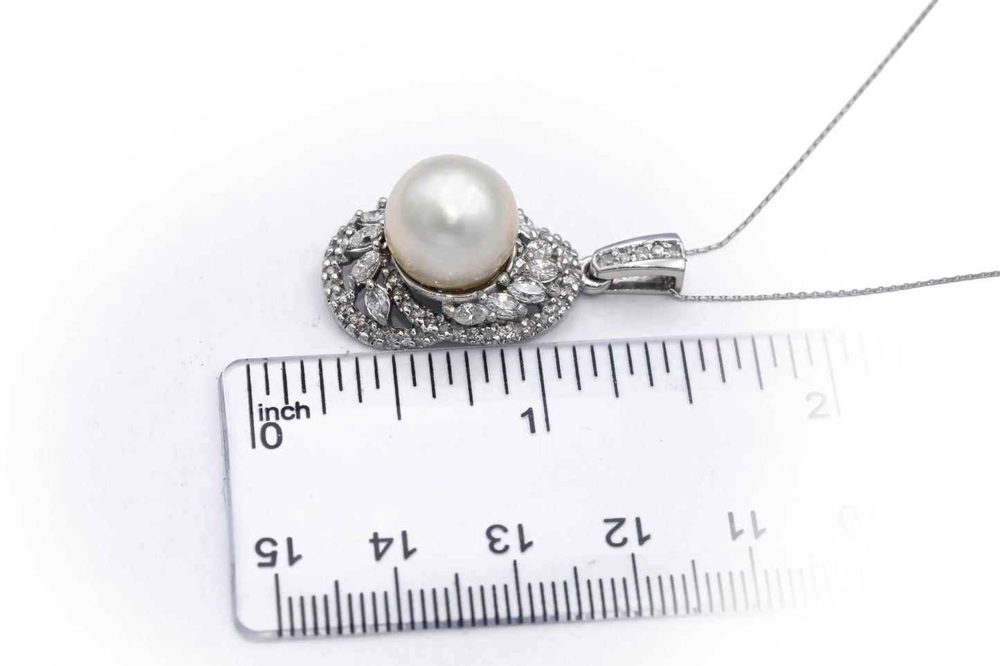 14k White Gold 1.0CT Round & Marquise Cut Diamond 11.7mm Pearl Pendant Necklace