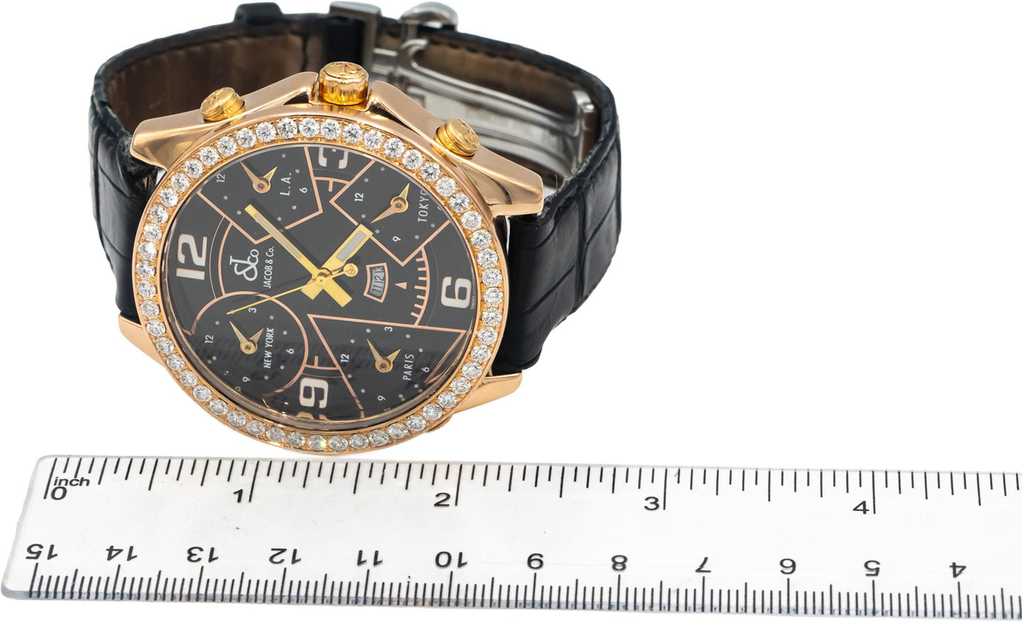 JACOB & CO. 18k Rose Gold Five Time Zone Custom Diamond Bezel Quartz Watch