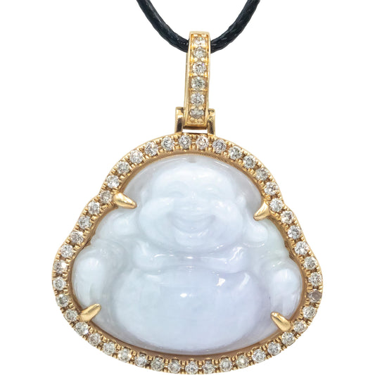 10k Yellow Gold Diamond & Carved Lavender Jadite Buddha Pendant Necklace 1.0CT