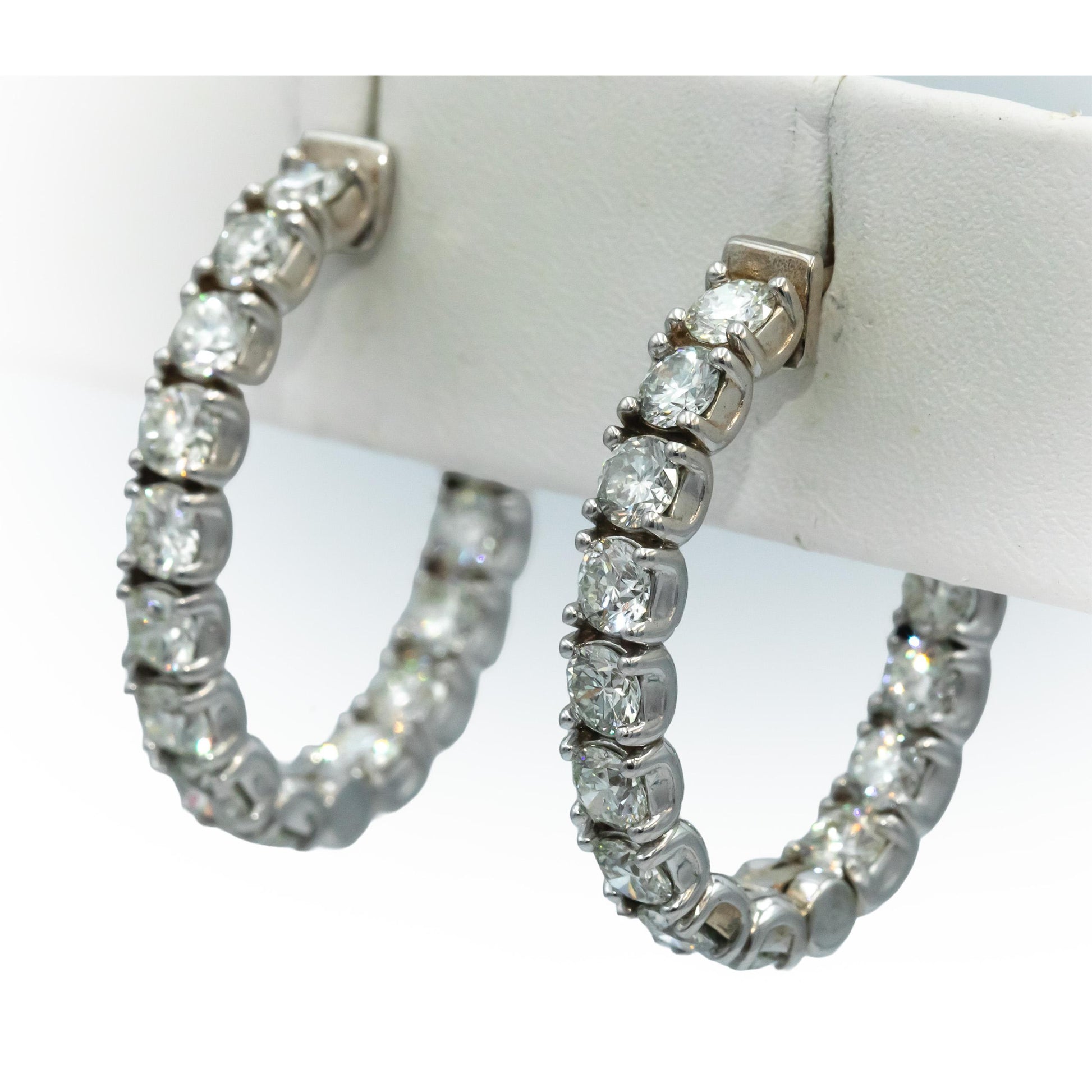 14k White Gold VS Round Diamond Inside Out Oval Hoop Earrings 5.34CT