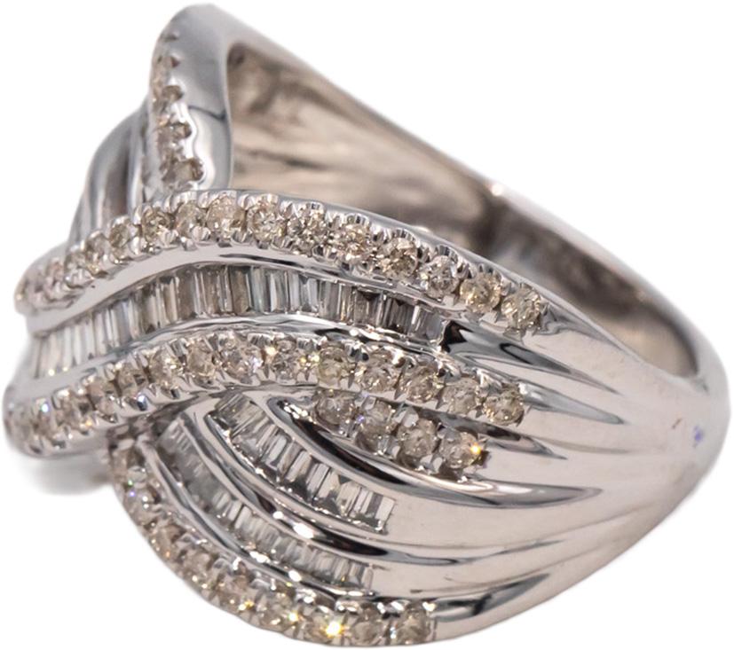 10k White Gold Round & Baguette Cut Diamond Crossover Cocktail Ring 1.0CT Size 7