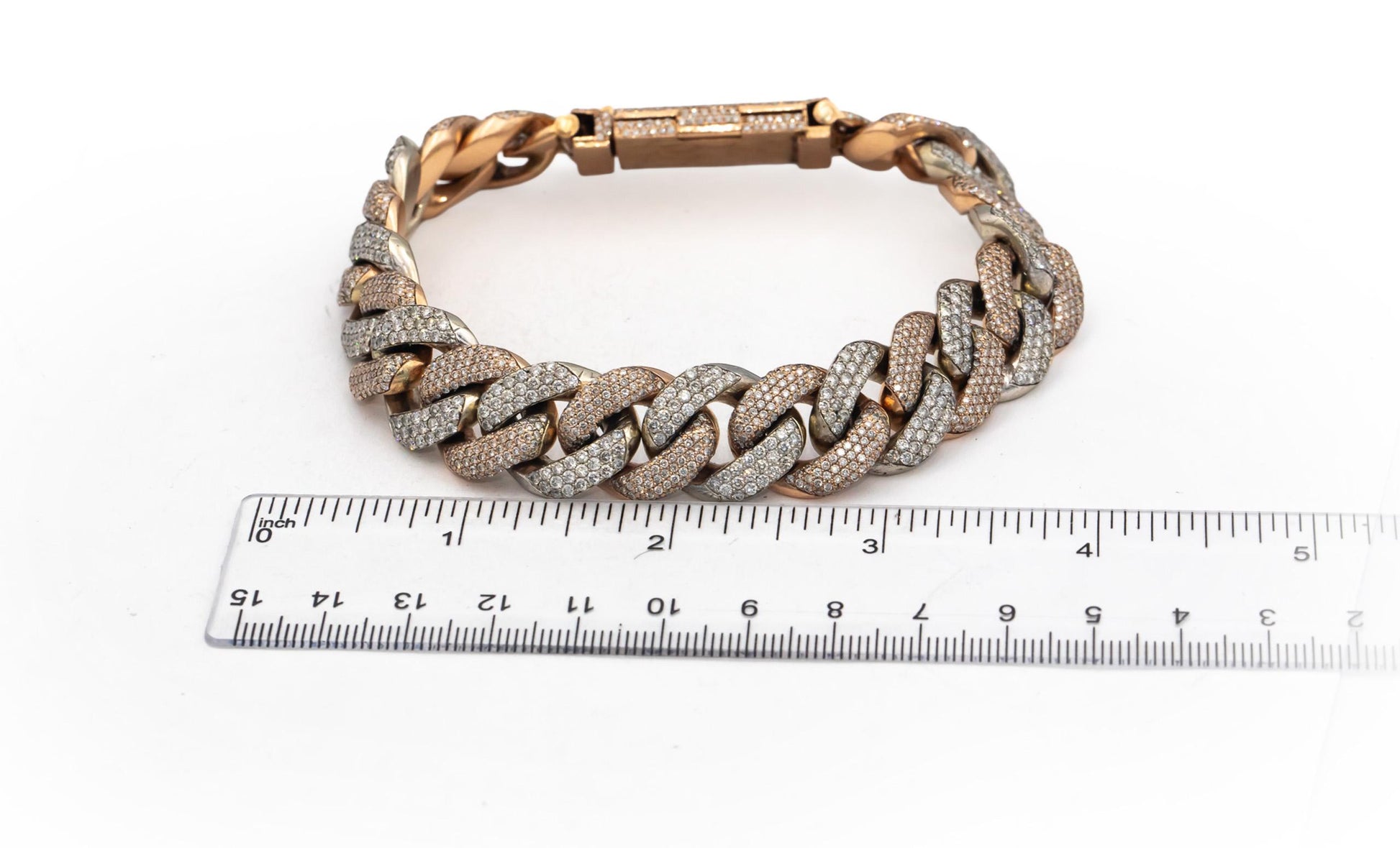 10k Rose & White Gold Iced Out Round Diamond Cuban Link Bracelet 19.0CT
