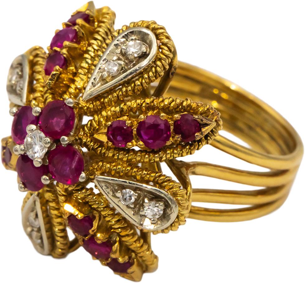 18k Yellow White Gold VS Round Diamond Ruby Floral Cocktail Ring 1.15CT Sz 6.75