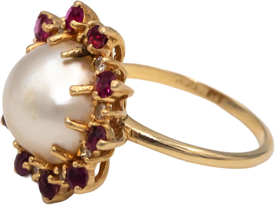 14k Yellow Gold Diamond Ruby & 12mm Mabe Pearl Cocktail Ring 0.40CT Size 7.5