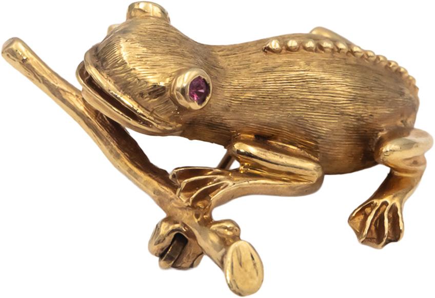 Vintage 14k Yellow Gold Jewelry Tree Frog Brooch w/ Ruby & Sapphire Eye Accents
