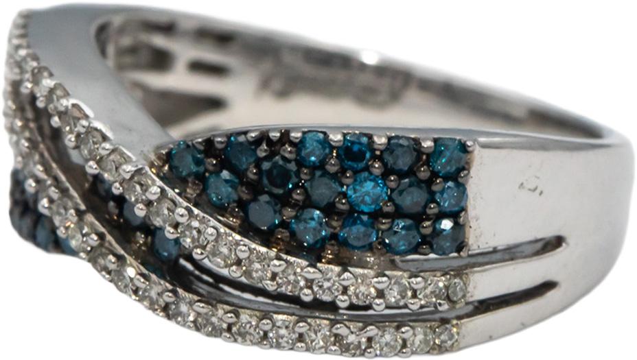 Designer 9k White Gold White & Blue Round Diamond Crossover Ring 1.0CT Size 7