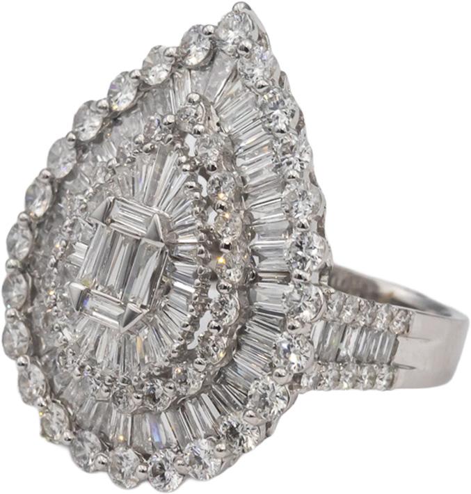18k White Gold VS Round & Baguette Cut Cluster Cocktail Ring 4.0CTW Size 7.75