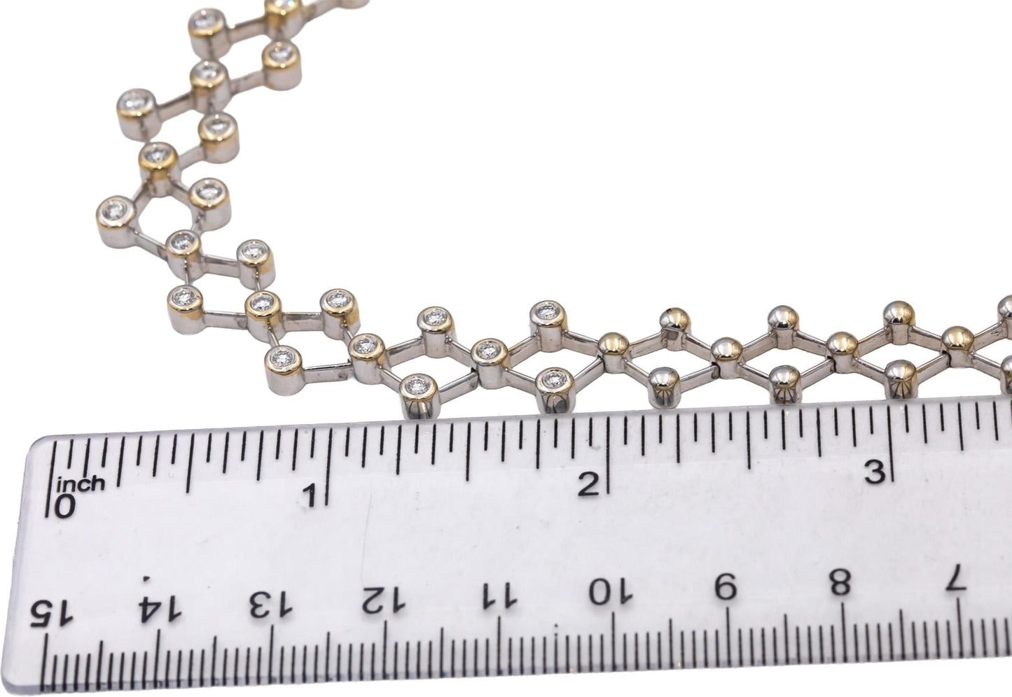 18k White & Yellow Gold Round Bezel Set Diamond Lattice Collar Necklace 2.50CTW