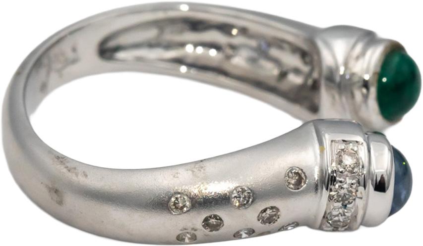 18k White Gold Cabochon Emerald Sapphire Round Diamond Bypass Ring 0.52CT