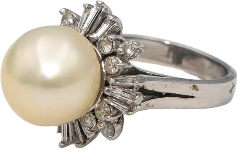 14k White Gold 11.0mm Pearl Round & Baguette Diamond Ring 0.50CT Size 4.75