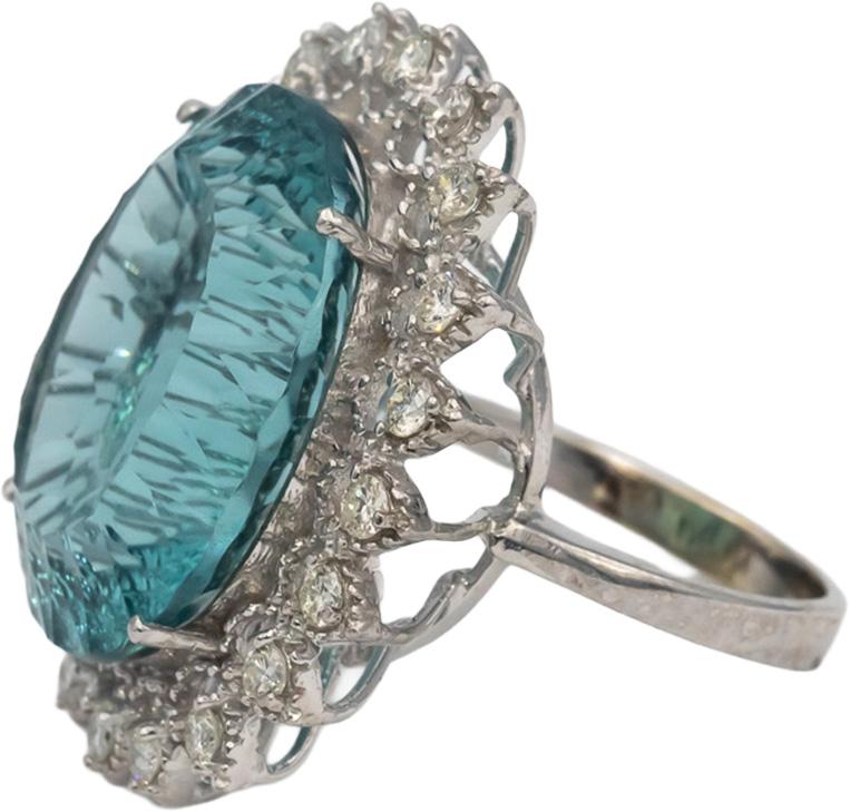 14k White Gold Oval Fantasy Cut Aquamarine & Round Diamond Cocktail Ring 36.0CTW