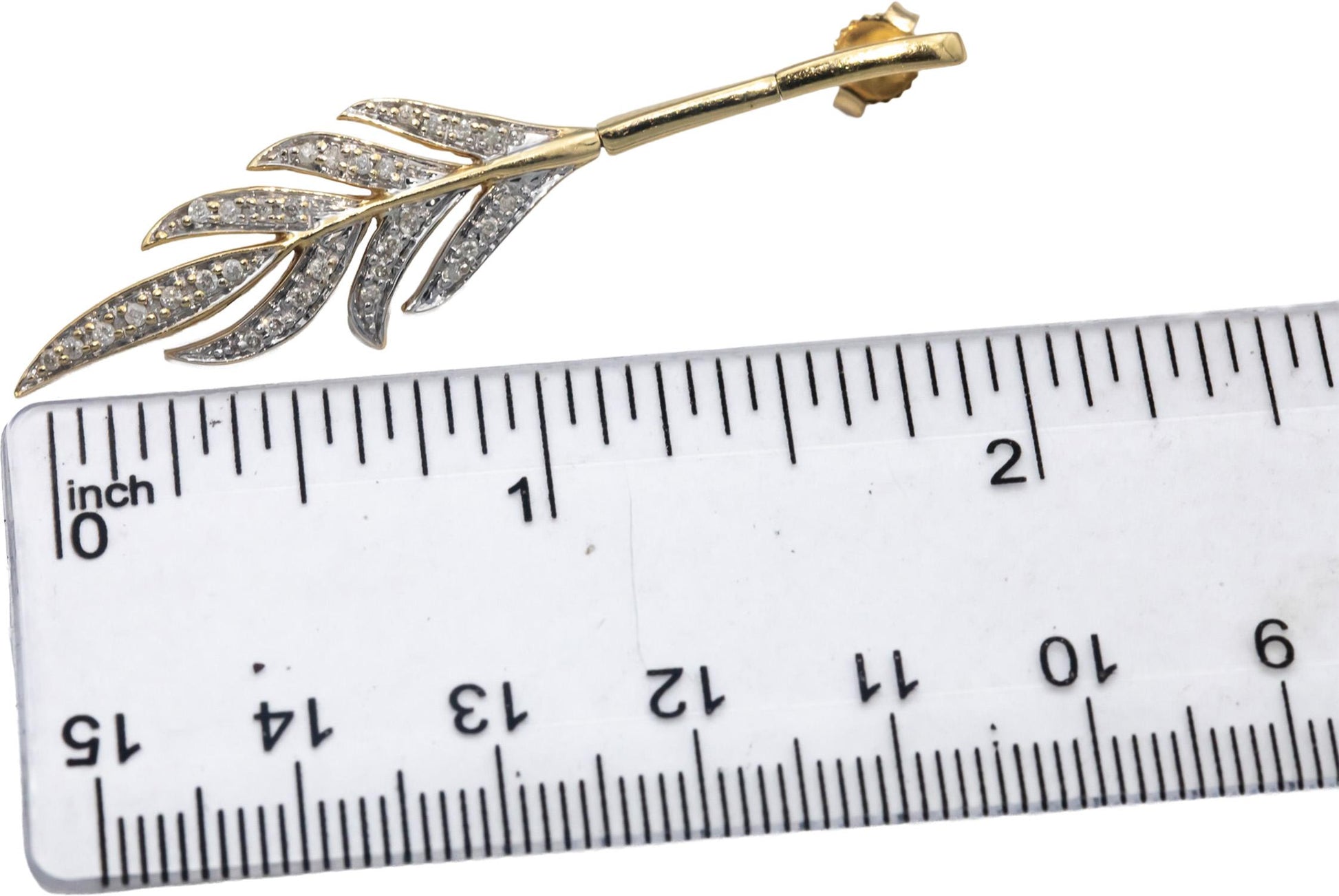 14k Yellow Gold Round Diamond Feather Dangle Earrings 0.31CT