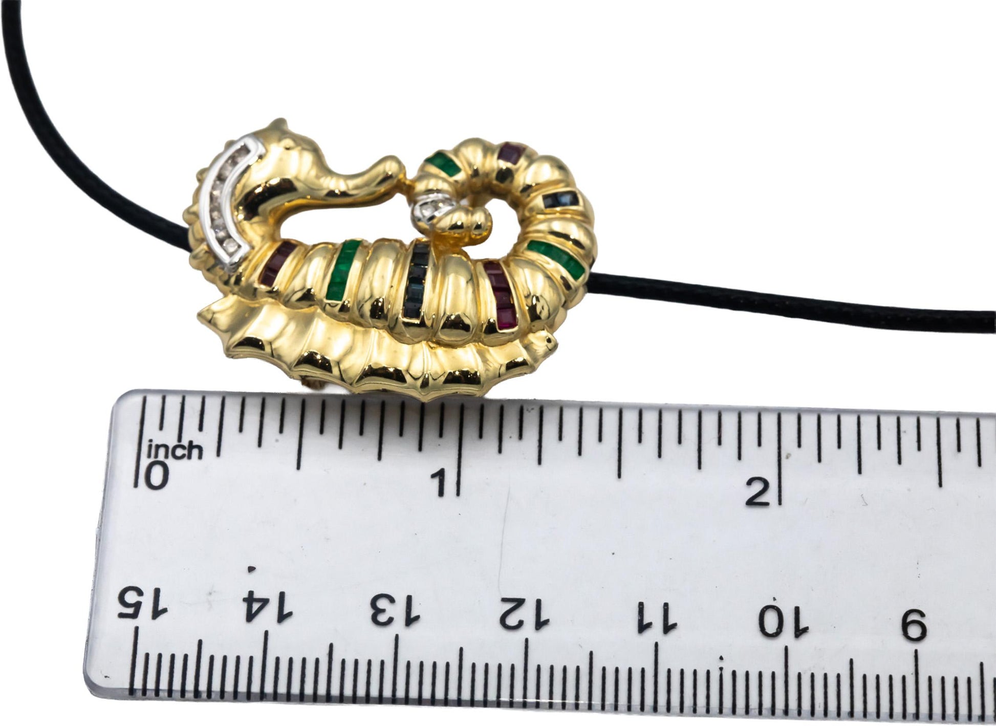 14k Yellow Gold Diamond Ruby Emerald Sapphire Seahorse Pendant Necklace .47CT