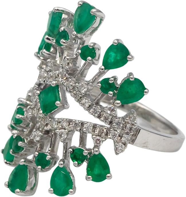 18k White Gold Emerald & Diamond Cocktail Ring 1.45CTW Size 7.25