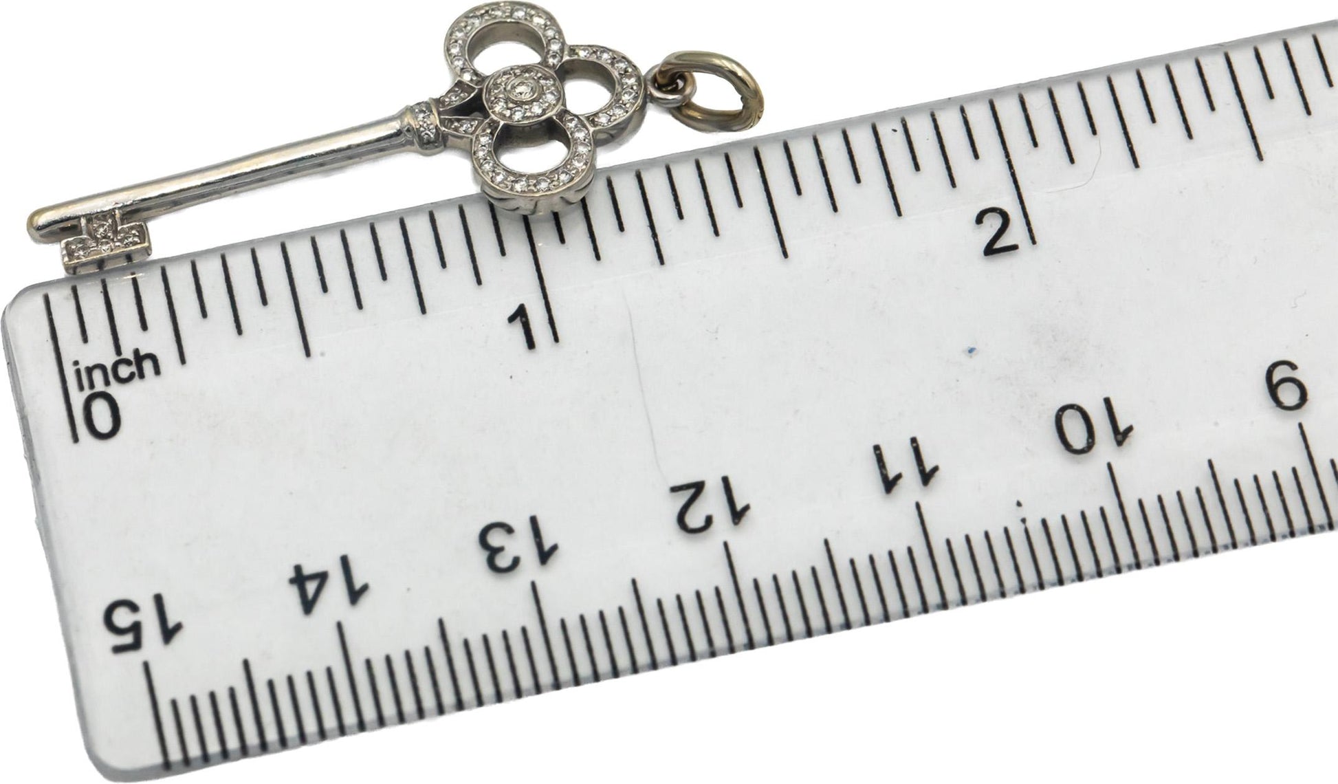 TIFFANY & CO. 18k White Gold Round Diamond Crown Key Pendant 0.11CT w/ Pouch
