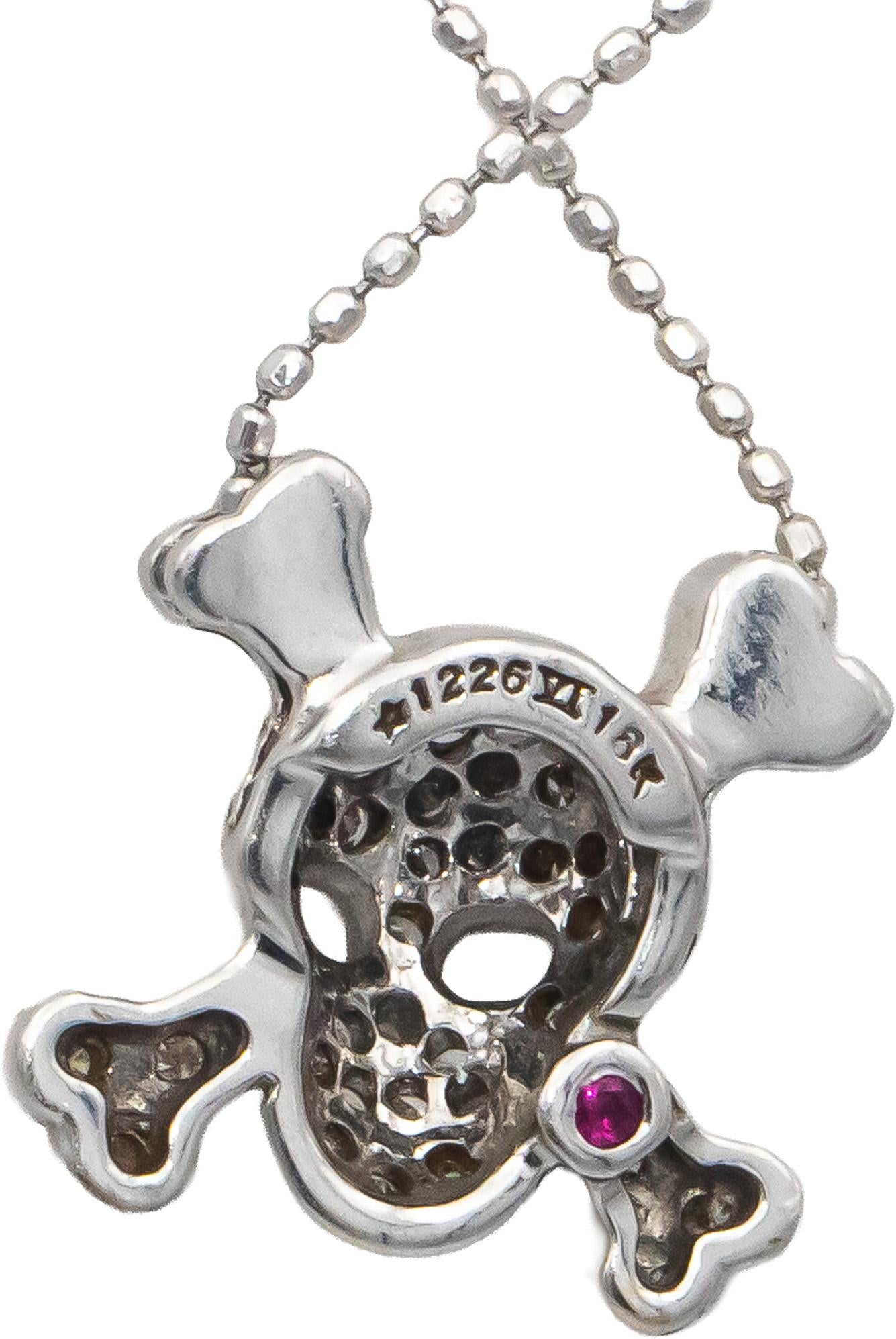 ROBERTO COIN 18k & 10k White Gold Skull and Crossbones Pendant Necklace 0.15CT