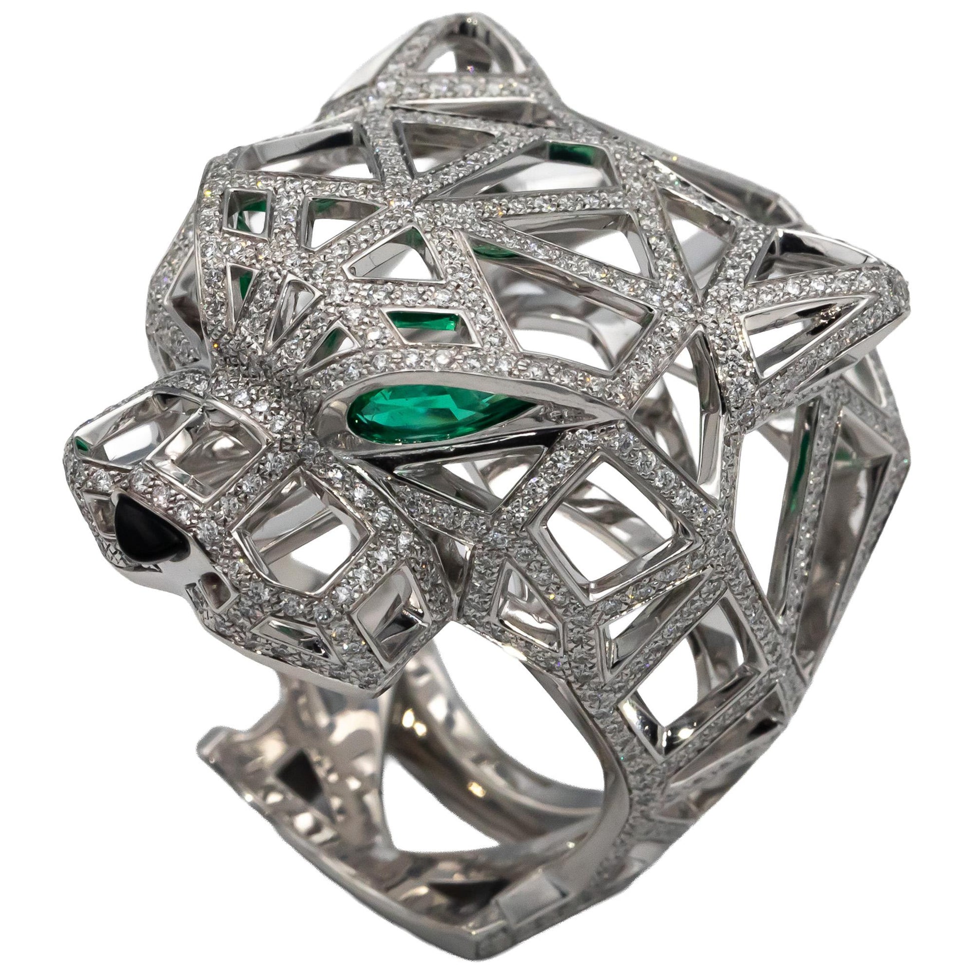 CARTIER 18k White Gold Panthere De Cartier Diamond Gemstone Ring $90,500 Retail