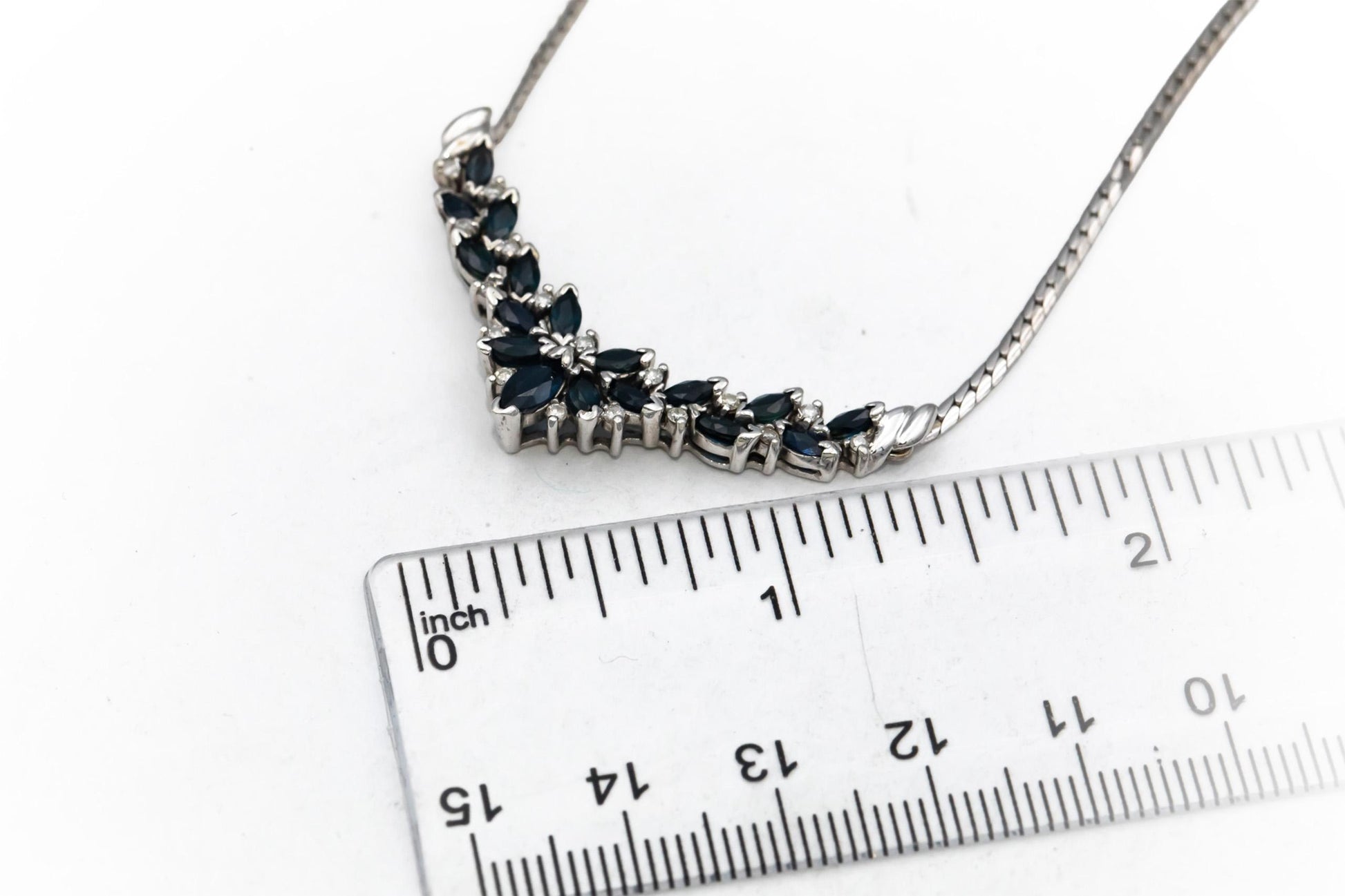 14k White Gold Marquise Cut Sapphire and Round Diamond Pendant Necklace 1.15CTW