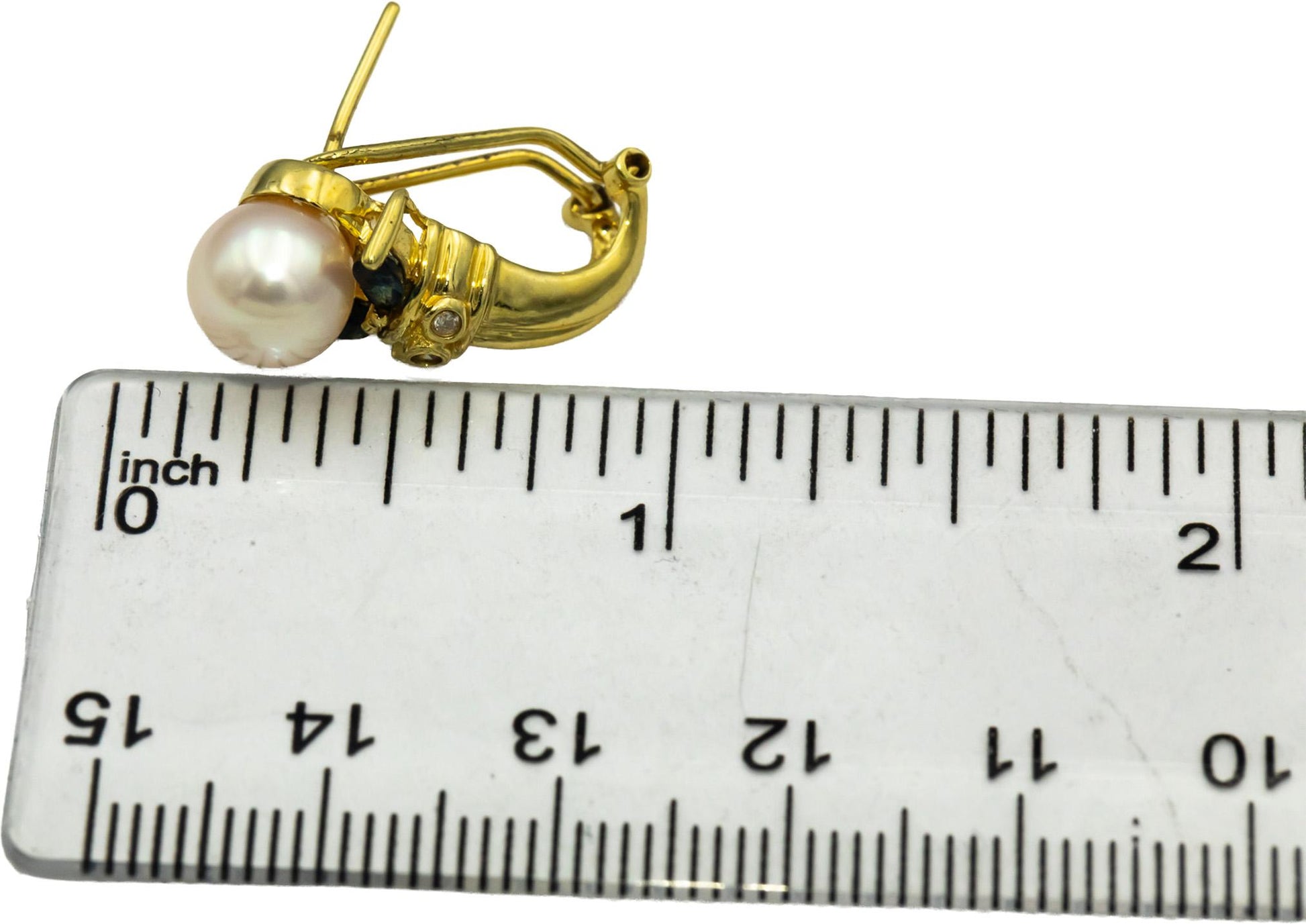 14k Yellow Gold Diamond Blue Sapphire & Pearl Earrings 0.38CTW