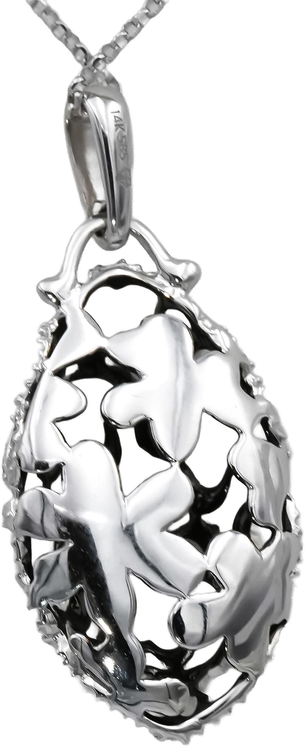 14k White Gold Diamond Filigree Clover Dome Pendant Necklace 0.25CT