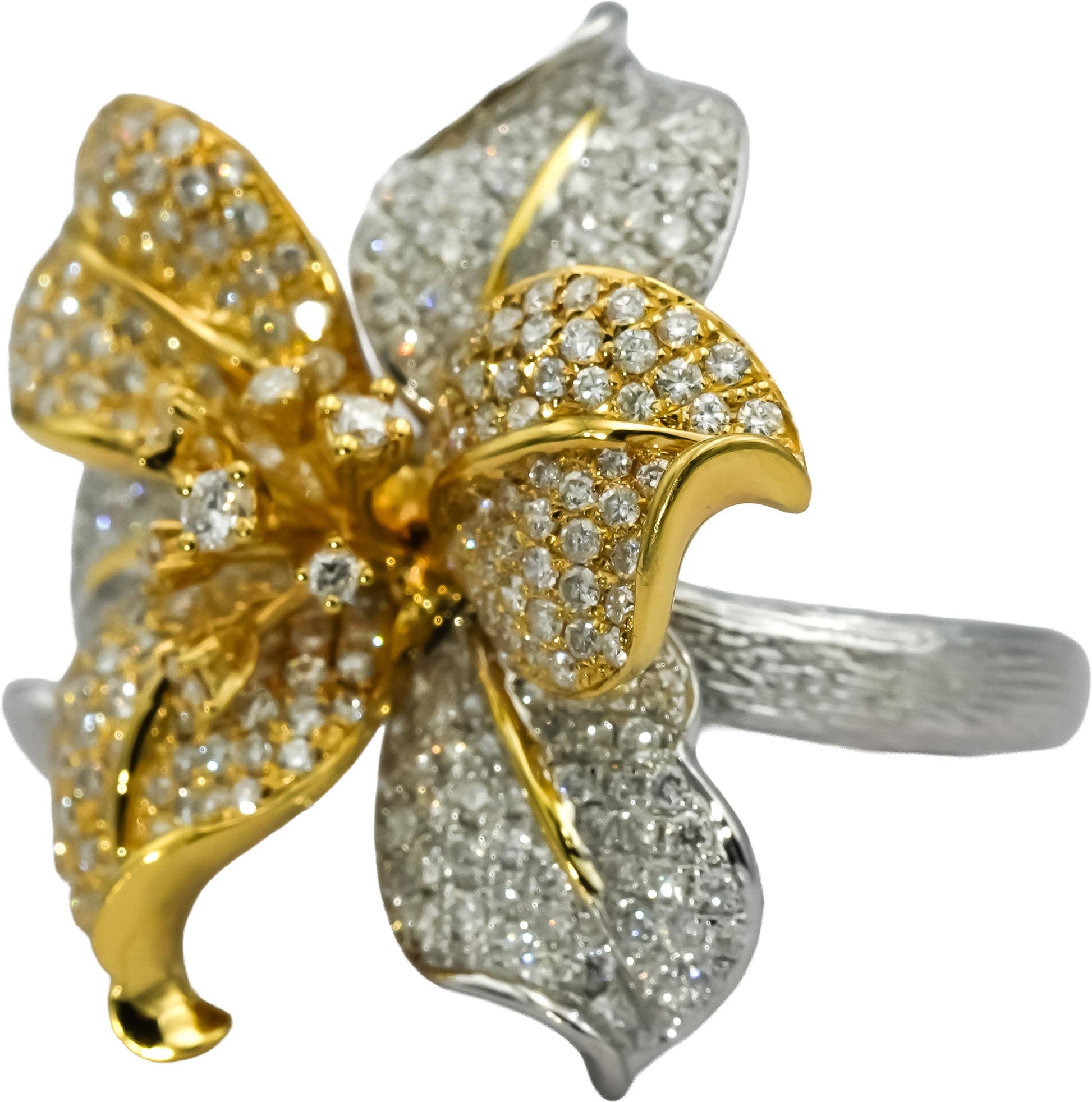 18k Yellow and White Gold Round Pave Diamond Flower Ring 2.0CT Size 6.5