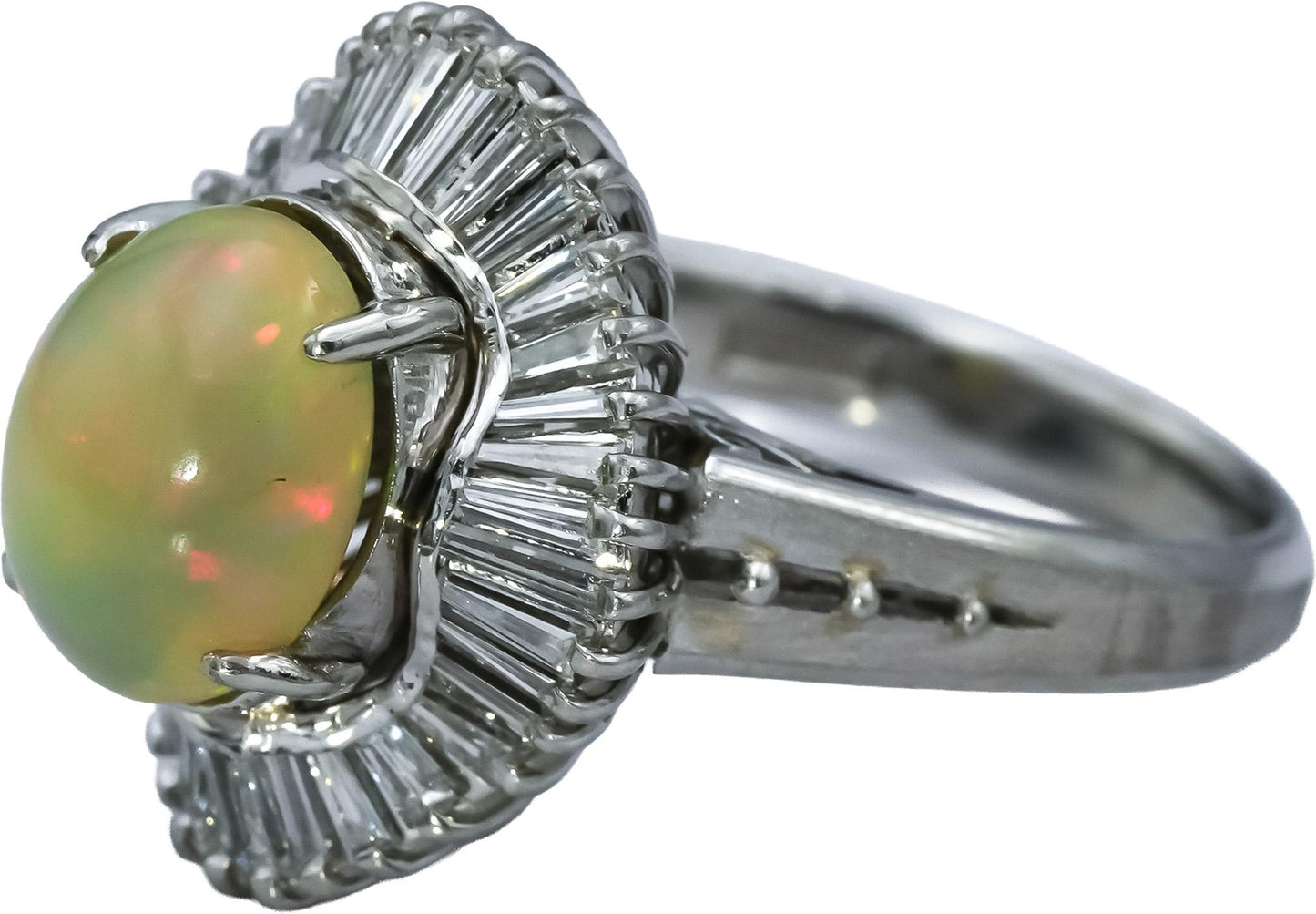 Platinum Cabochon Opal and Baguette Cut Diamond Cocktail Ring 2.98CTW Size 6.25
