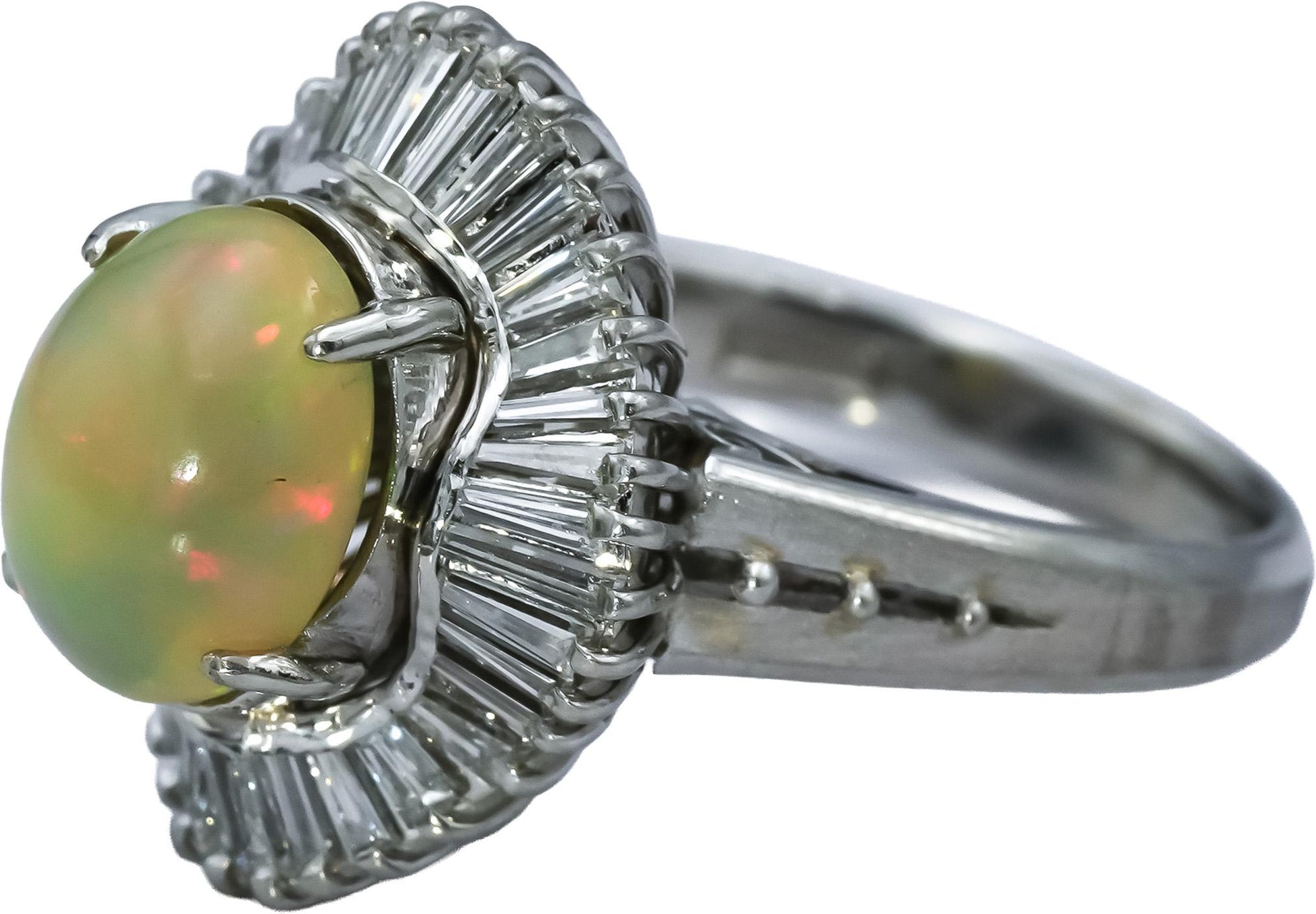 Platinum Cabochon Opal and Baguette Cut Diamond Cocktail Ring 2.98CTW Size 6.25
