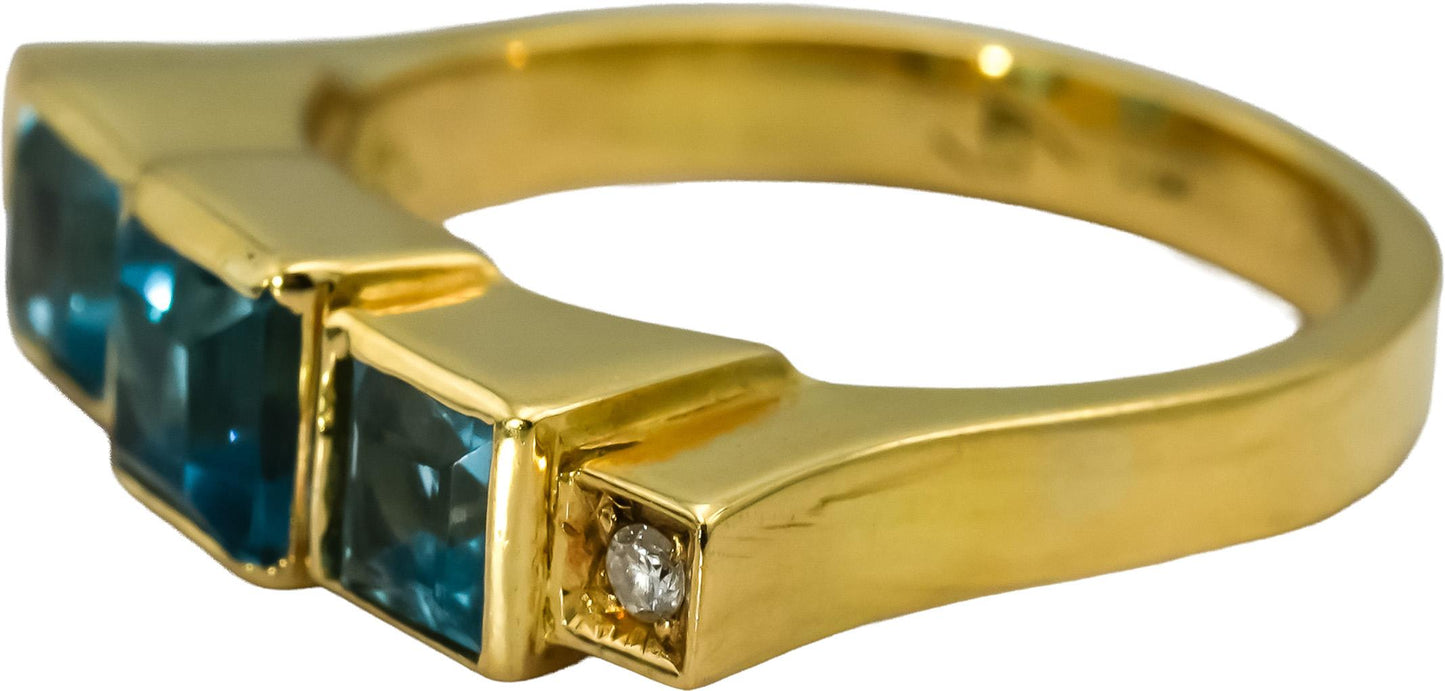 18k Yellow Gold Square Blue Topaz & Round Diamond Band Ring Size 7