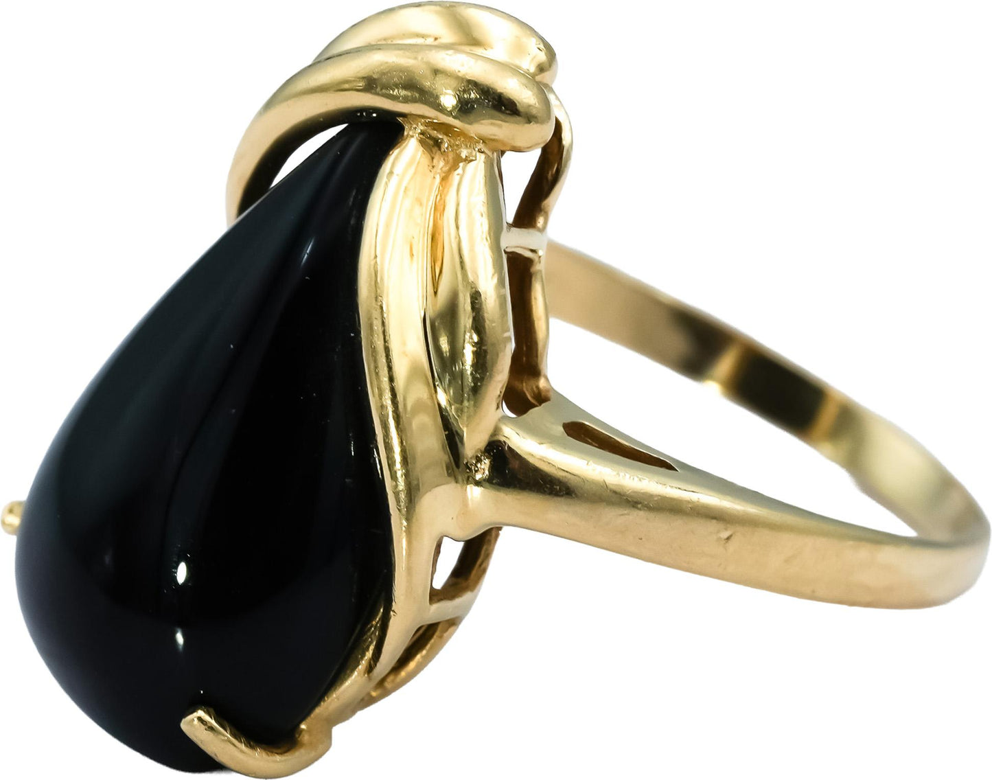14k Yellow Gold Pear Cabochon Cut Onyx Solitaire Ring Size 7