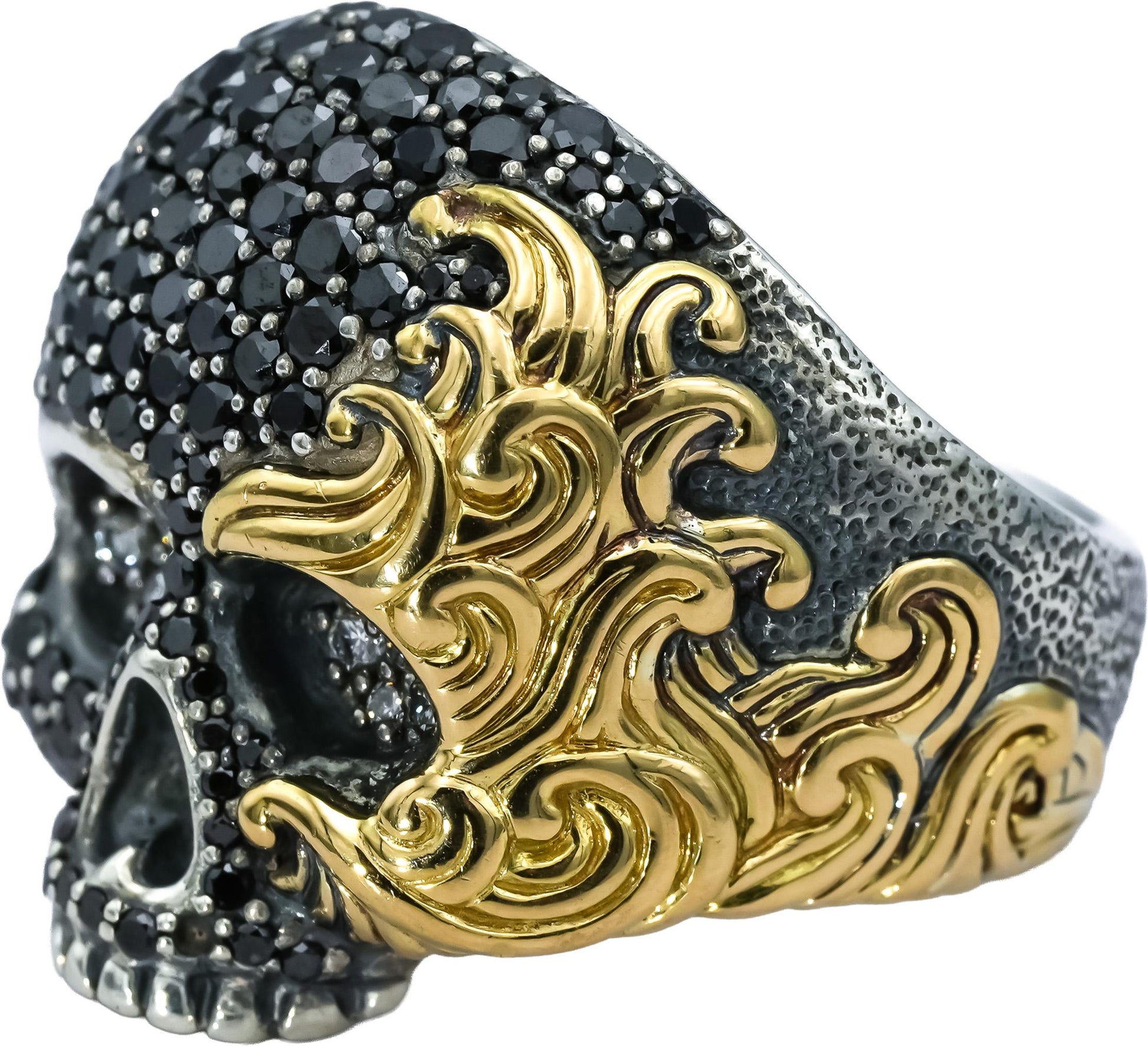 DAVID YURMAN 18k Gold Sterling Silver Diamond Waves Skull Ring 3.25CT