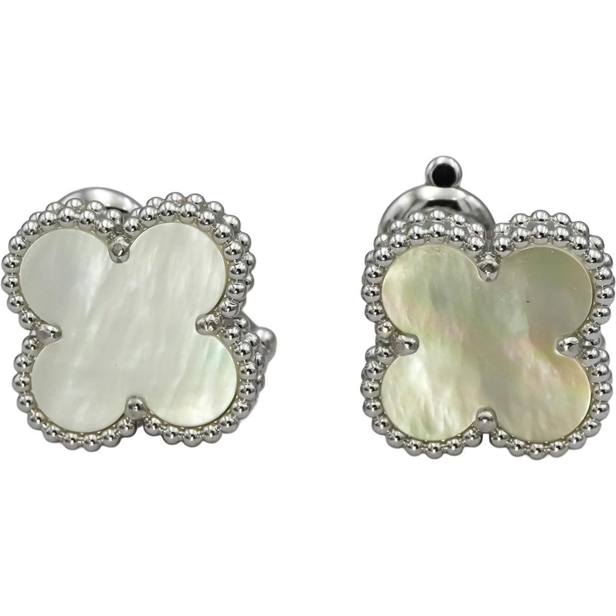 VAN CLEEF & ARPELS 18k White Gold Alhambra Mother of Pearl Earrings w Box Papers