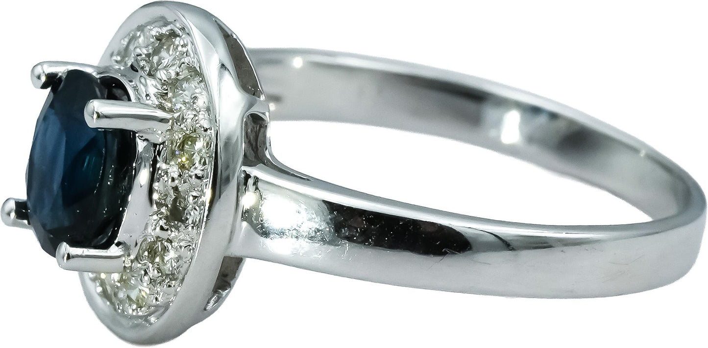 18k White Gold Oval Blue Sapphire Round Diamond Halo Ring 1.08CTW Size 6