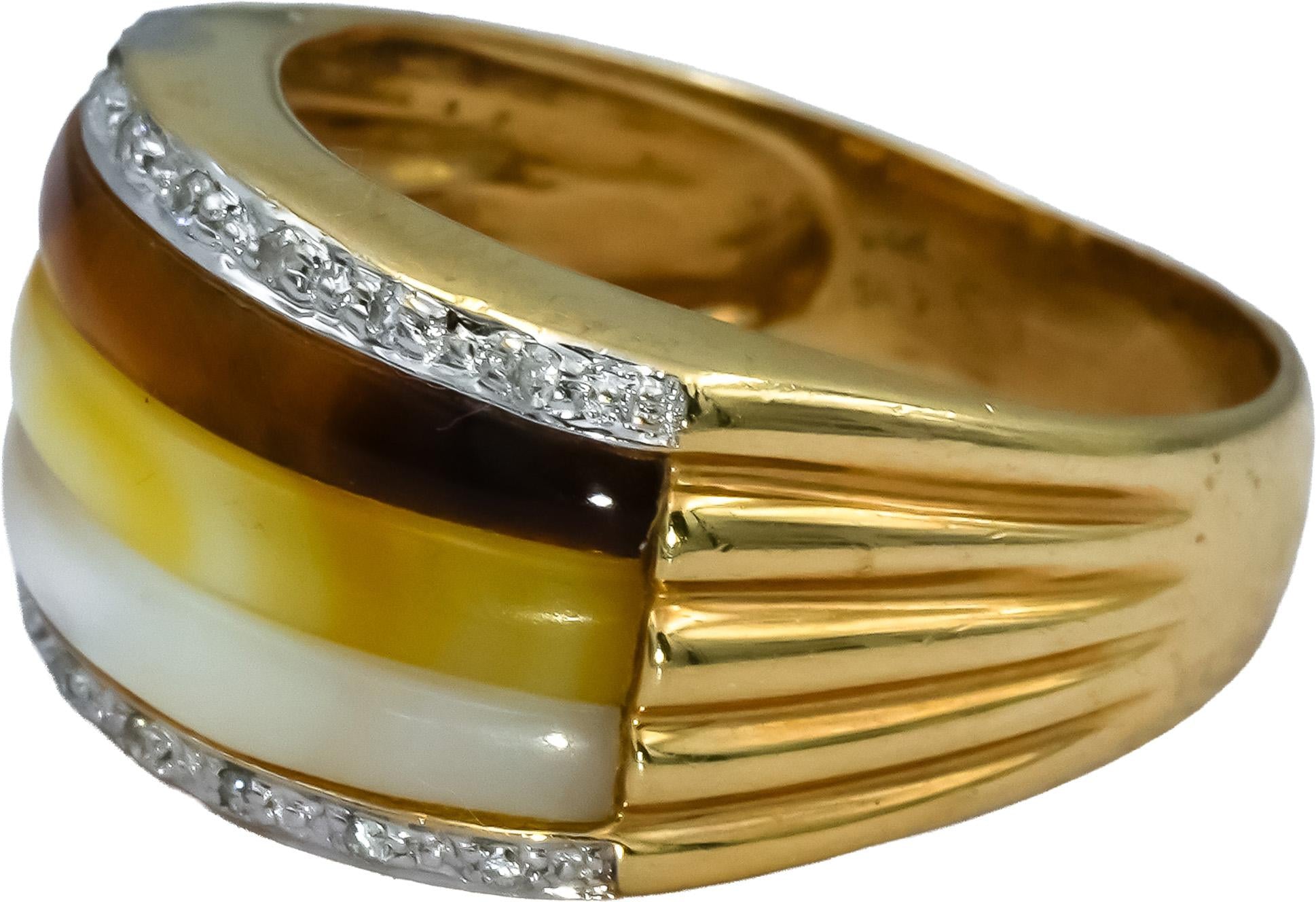 14k Yellow Gold Multi Color Mother of Pearl and Diamond Band Ring Size 7.5