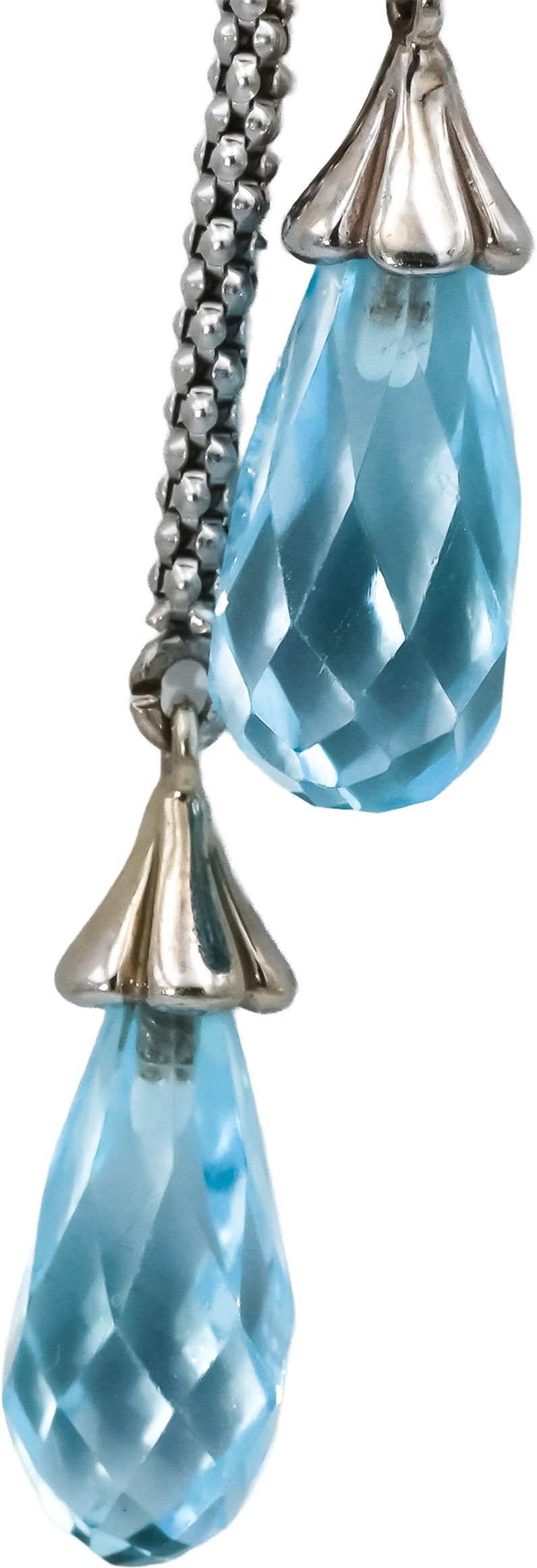 14k White Gold Briolette Cut Blue Topaz Tassel Necklace
