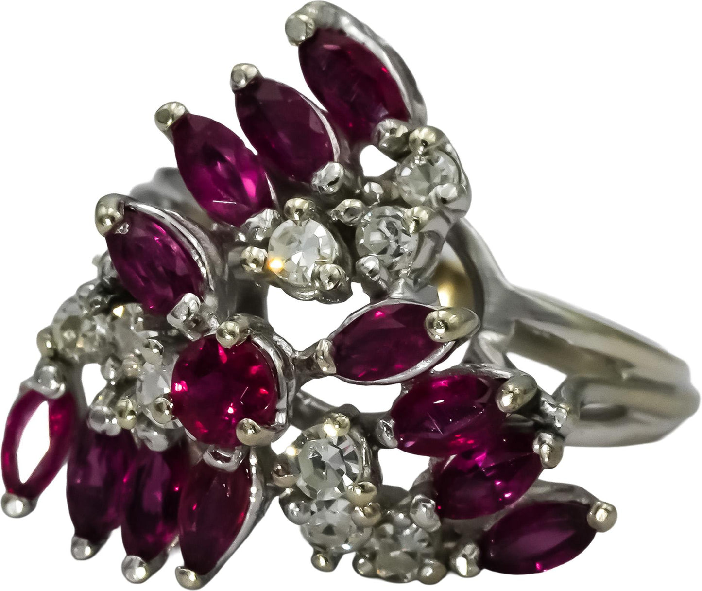 Vintage 14k White Gold VS Diamond Ruby Waterfall Cocktail Ring 1.0CT Size 5.5