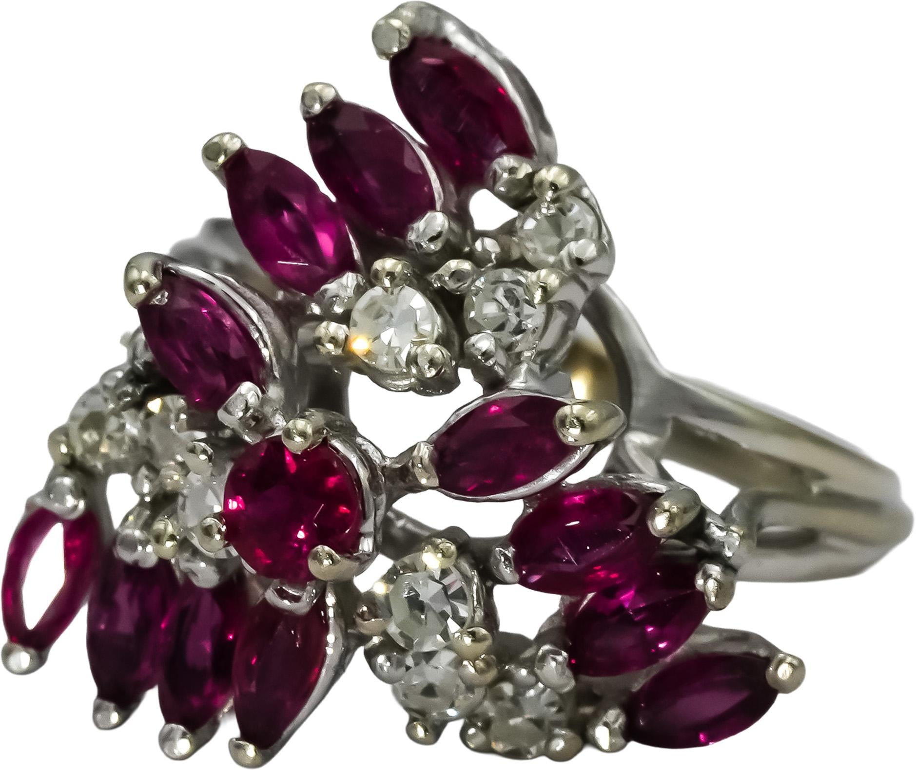 Vintage 14k White Gold VS Diamond Ruby Waterfall Cocktail Ring 1.0CT Size 5.5