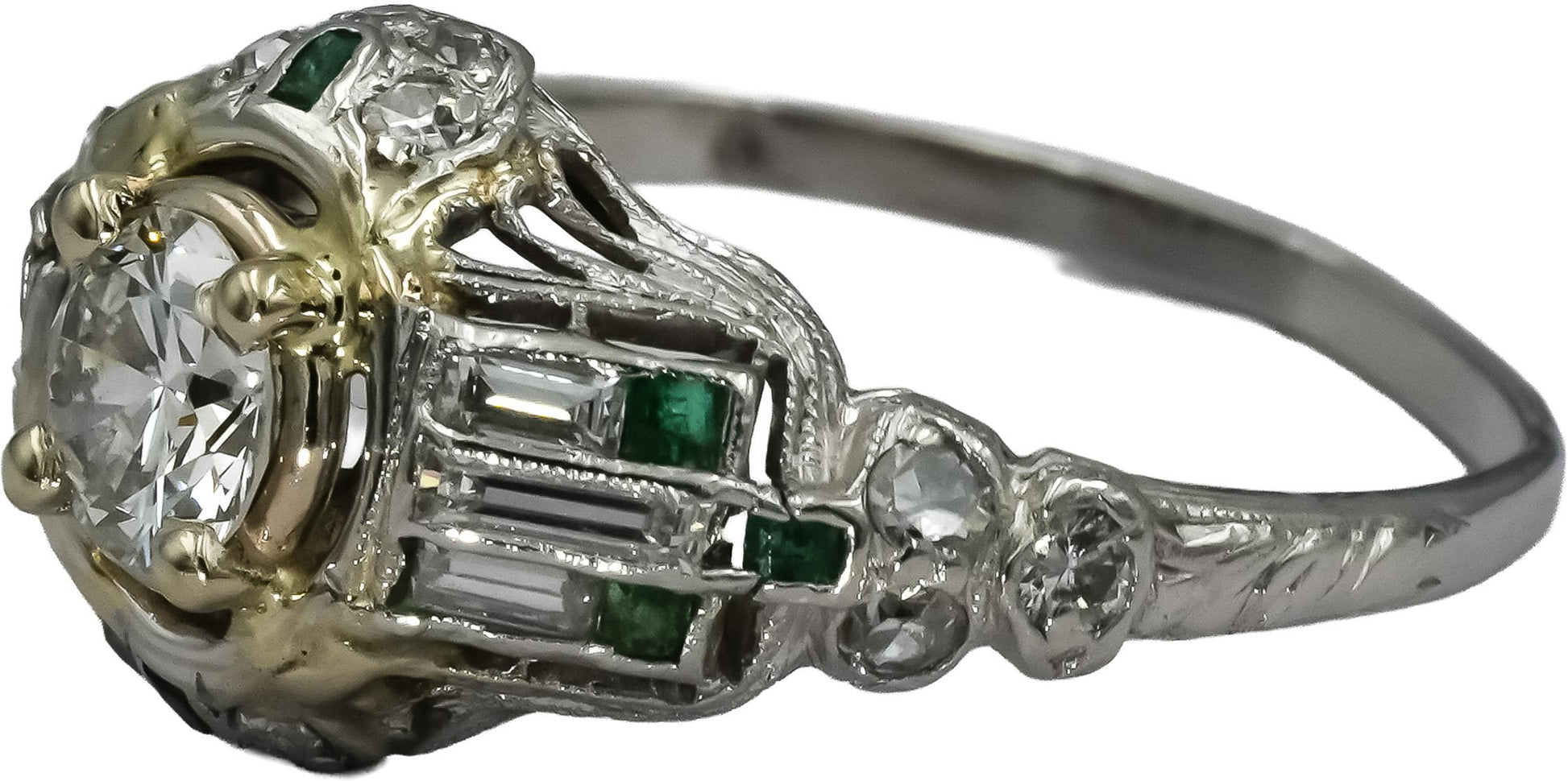 Vintage Antique Deco Platinum Diamond & Emerald Ring 1.0CT w/ 0.55CT Center