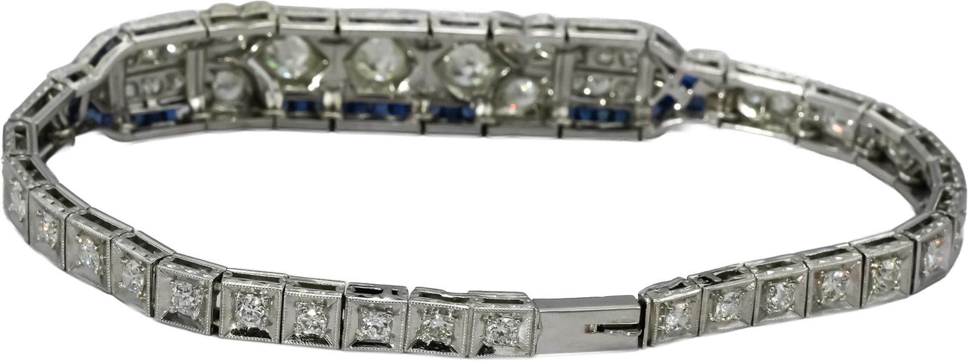 Antique Vintage Deco Platinum & 14k Gold Diamond and Sapphire Bracelet 4.75CT