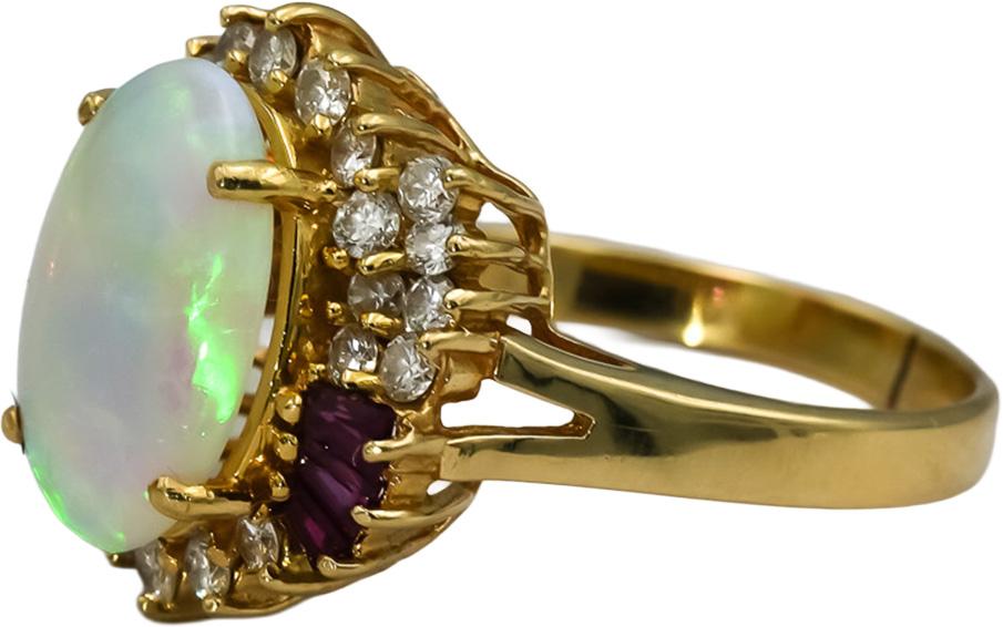 14k Yellow Gold Diamond Ruby Opal Cocktail Ring 7.08CT Size 8.75