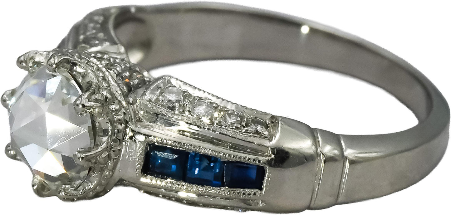 Platinum Antique Style VS Diamond and Sapphire Ring 1.38CT Size 7