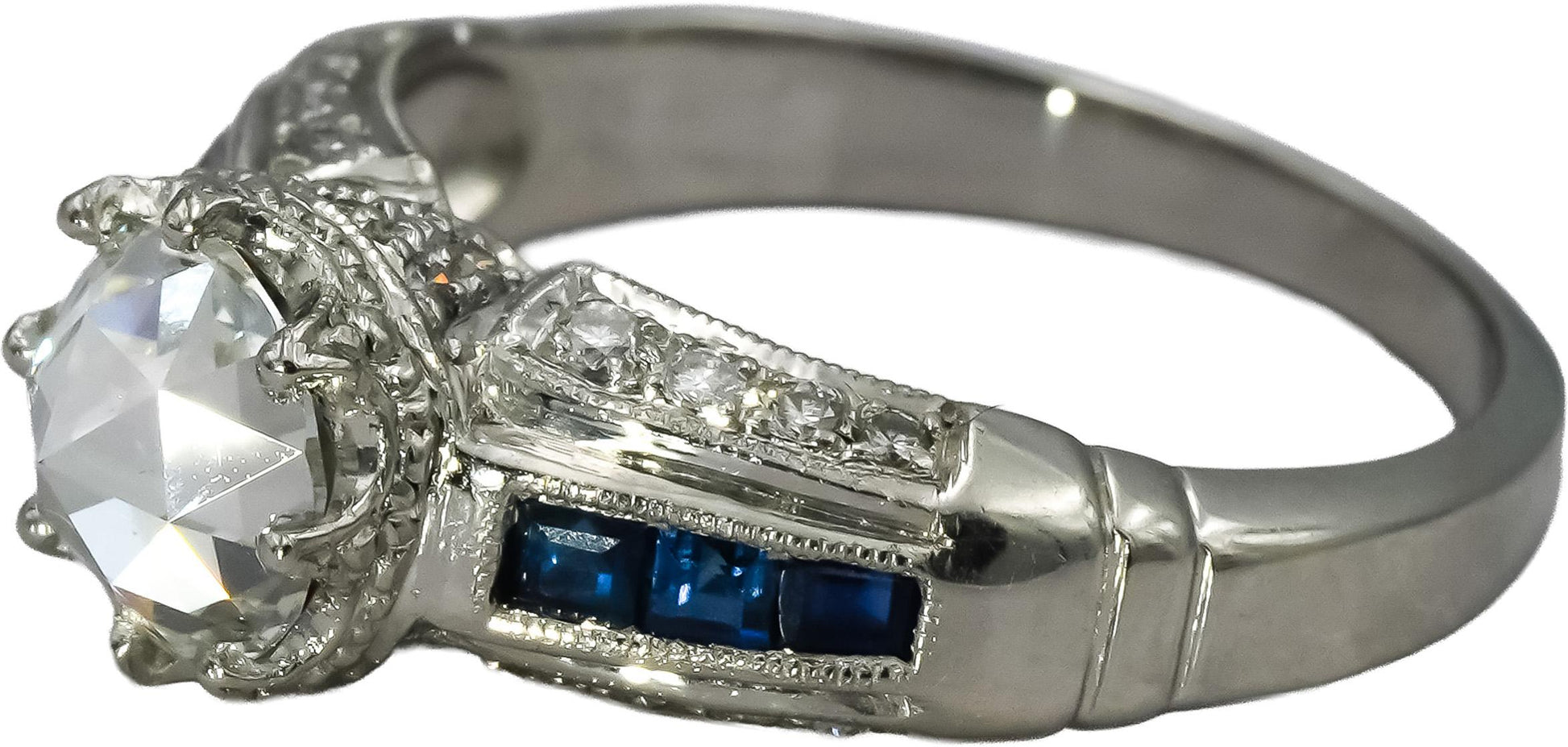 Platinum Antique Style VS Diamond and Sapphire Ring 1.38CT Size 7