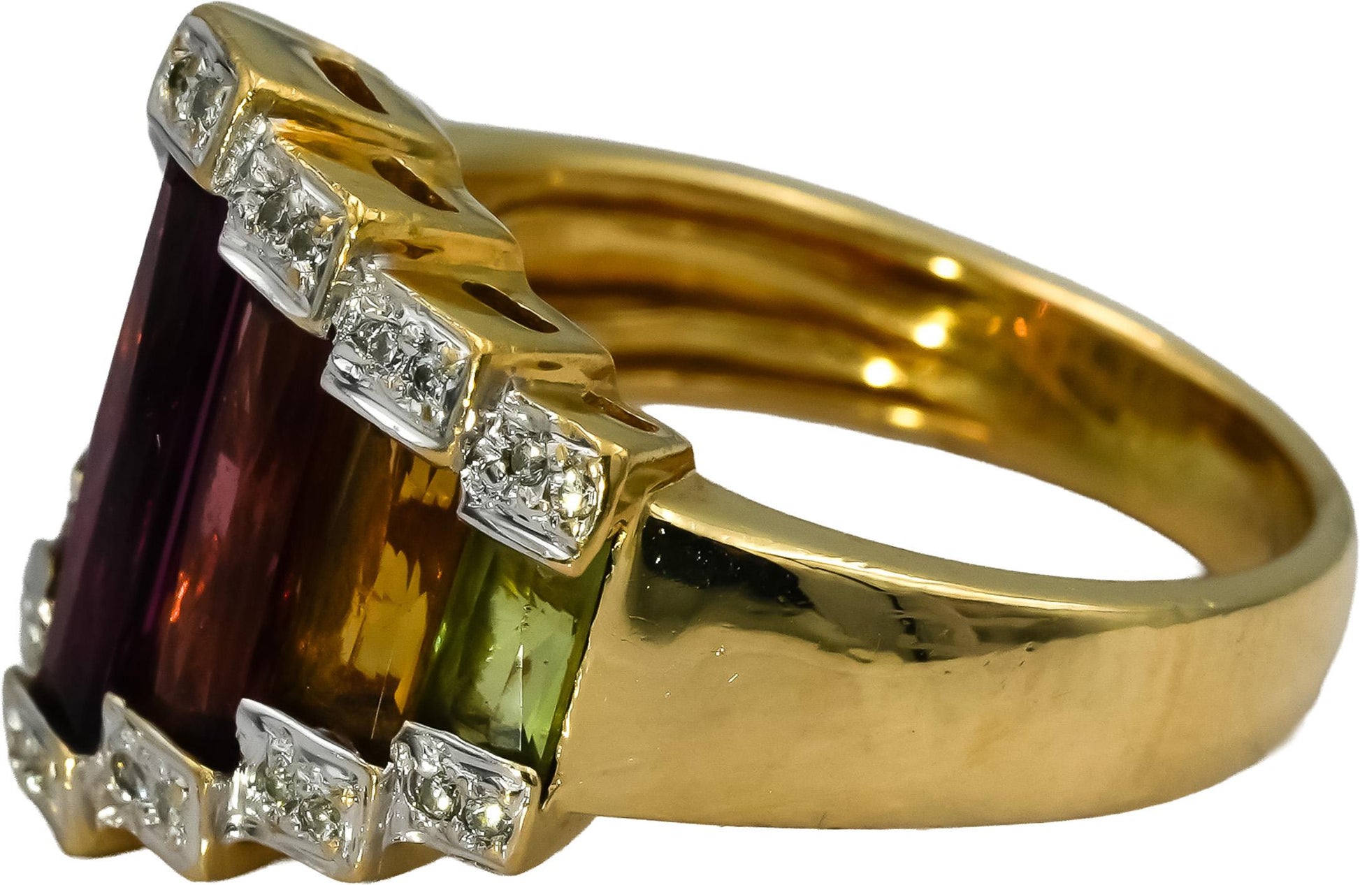 BELLARI 18k Yellow Gold Diamond and Rainbow Gemstone Cocktail Ring 0.07CT Size 7